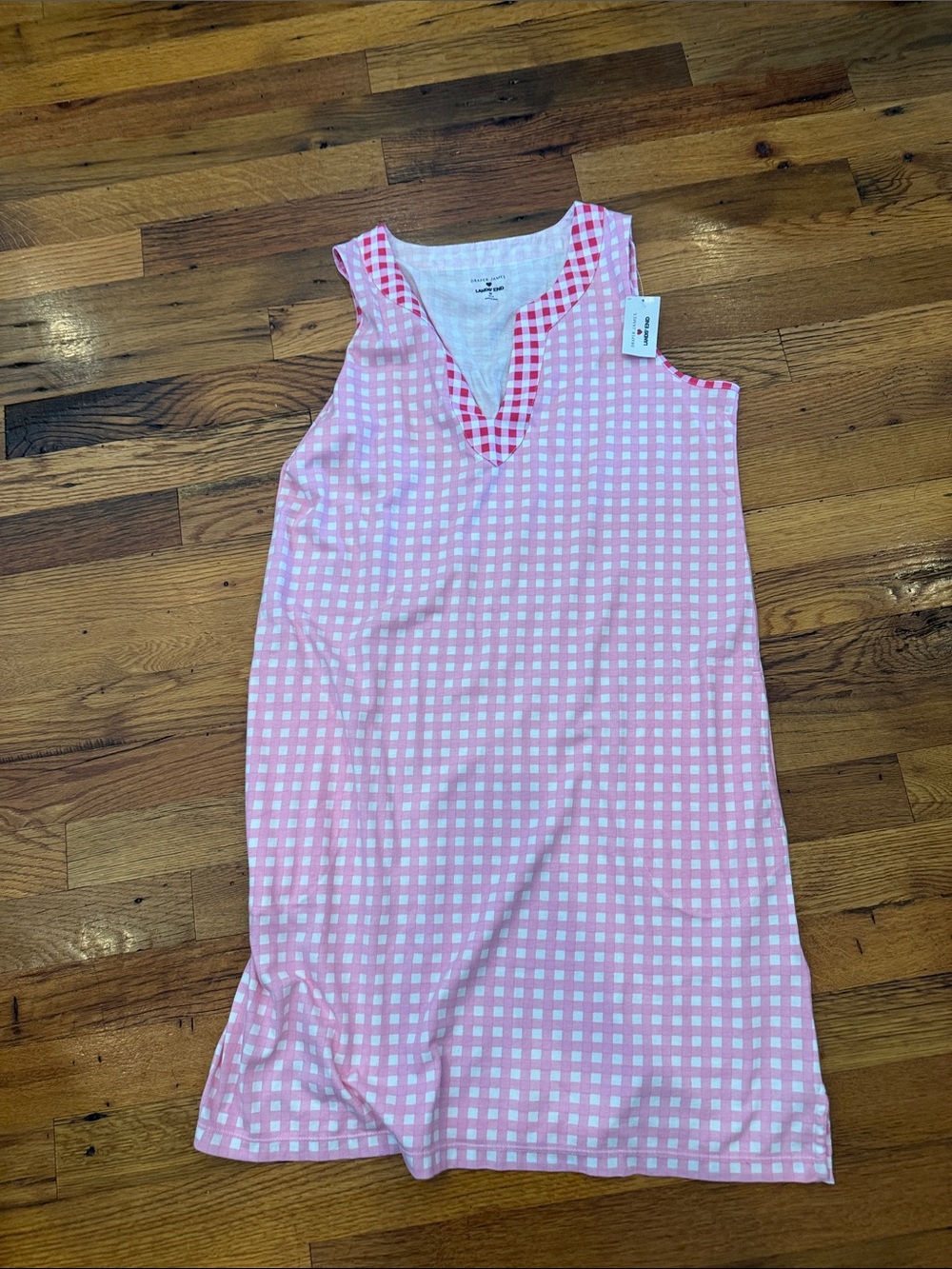 Sleeveless Pink Gingham V-Neck Nightgown with Contrast Trim